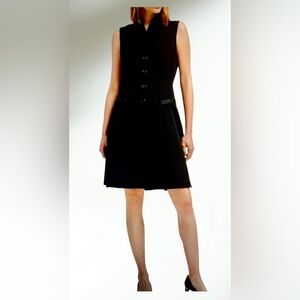 DKNY Four Buttons Faux Leather Trim A-Line Tuxedo Dress in Black Size 14 NWT